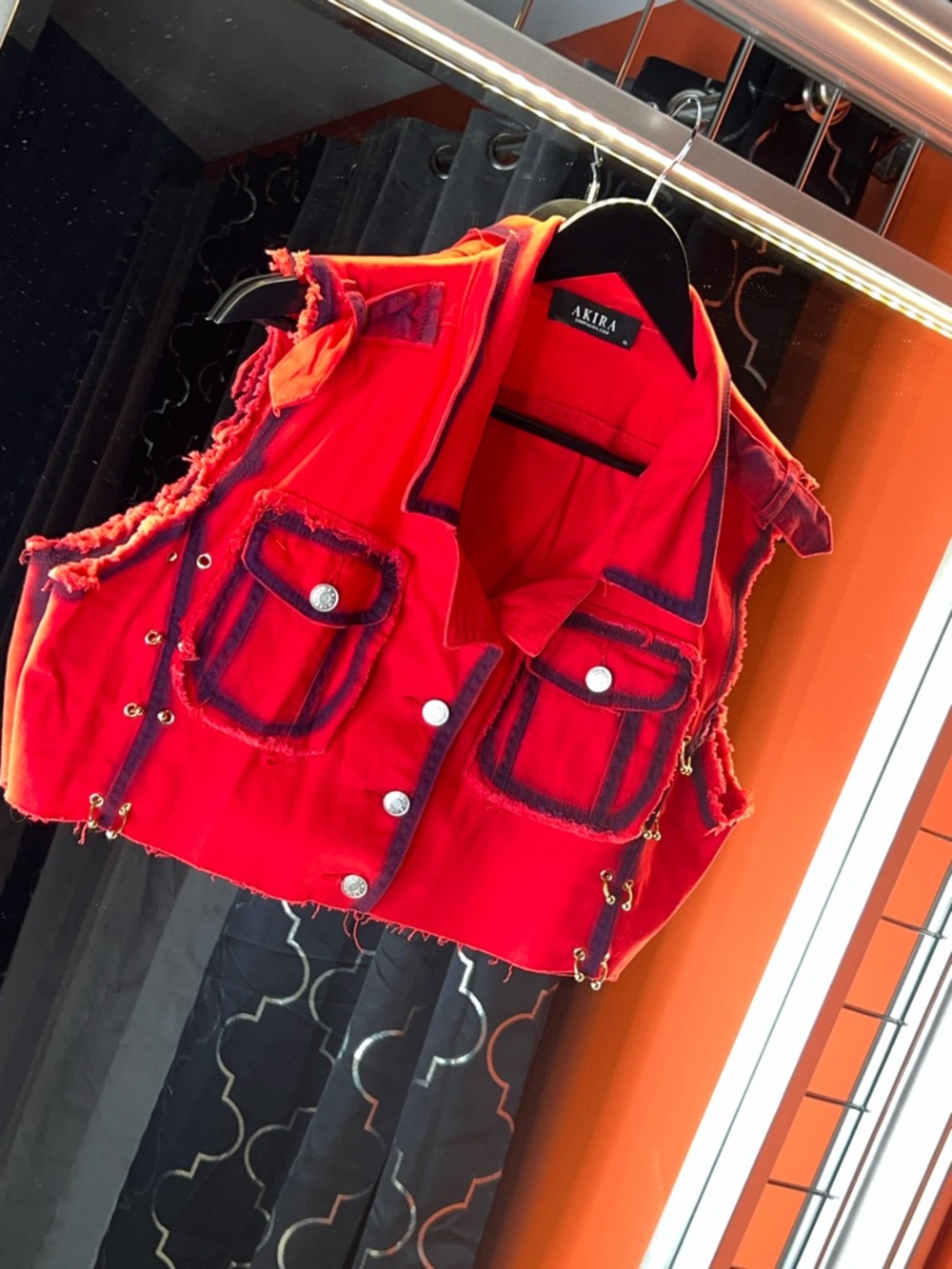 Akira Crimson Rebel Distressed Gold-Bar Detail Denim Vest 🍒🖤🔥